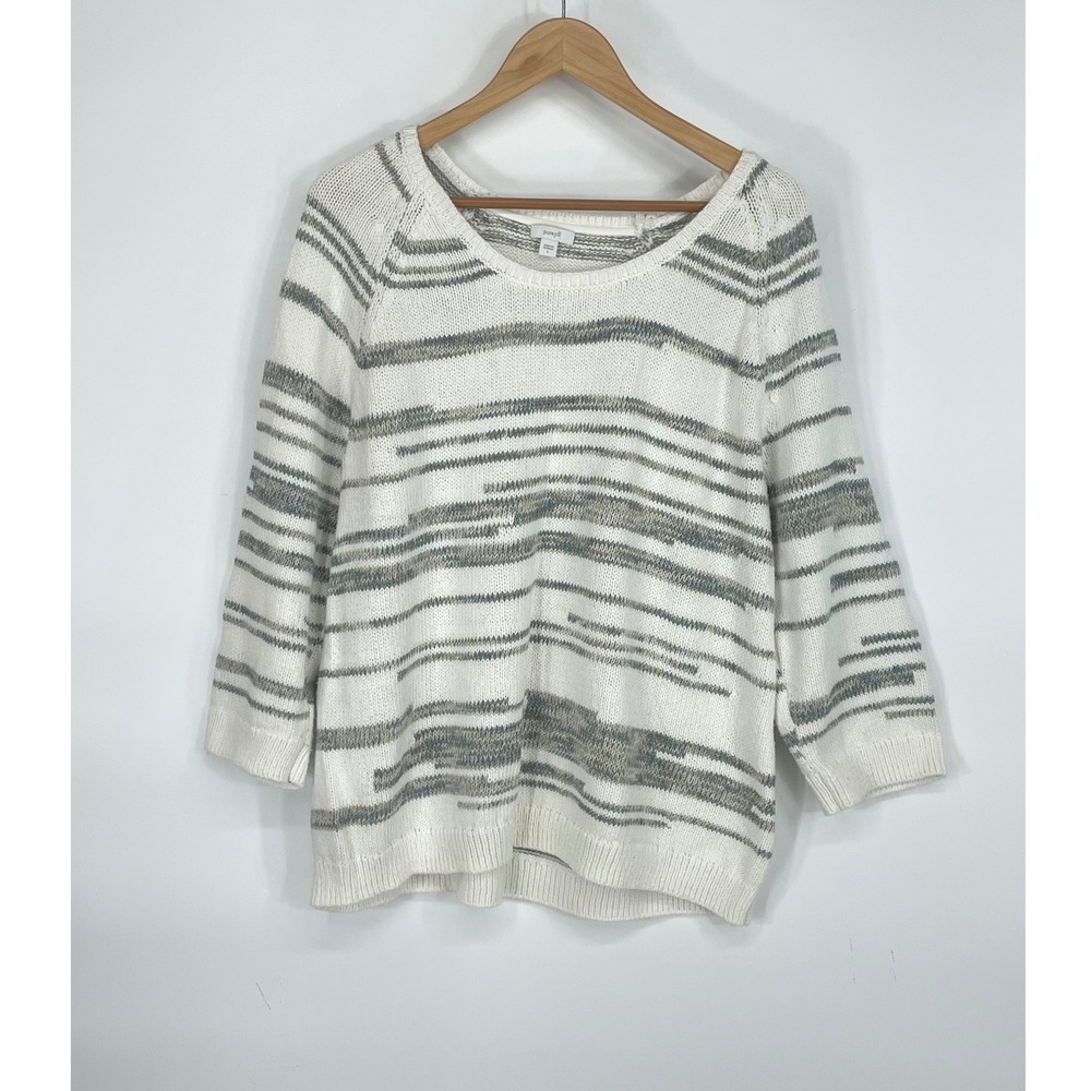 J Jill Pure Jill Womens Sweater L Pullover White Striped 3/4 Sleeve Raglan